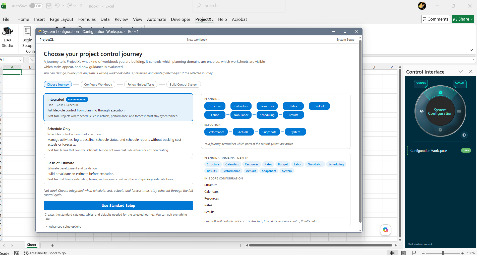 ProjectXL journey selection screen showing Integrated, Schedule Only, and Basis of Estimate options with enabled planning domains