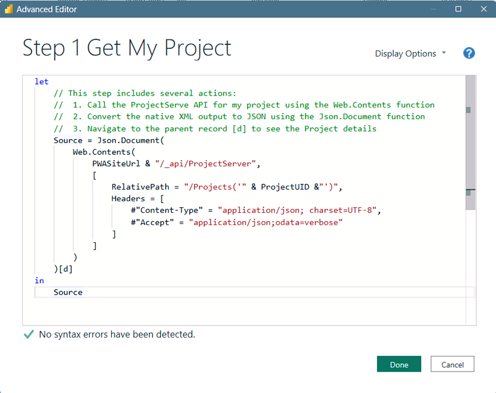 Power Query Advanced Editor showing an M language let statement that calls the ProjectServer API using Web.Contents