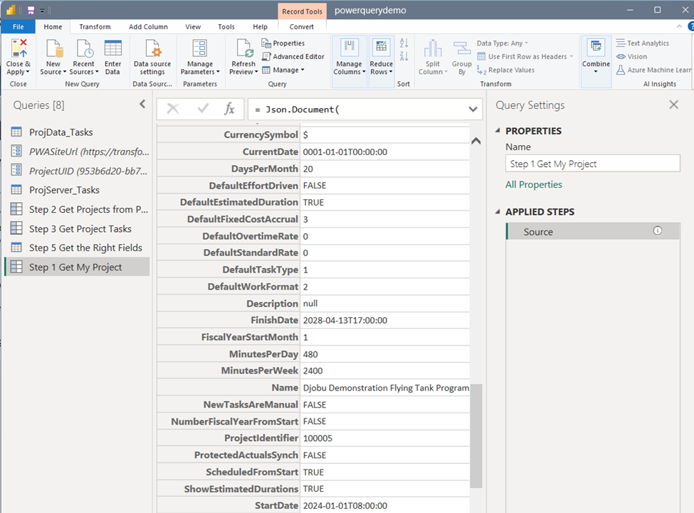 Power Query results pane showing project fields returned as a structured table from the ProjectServer API