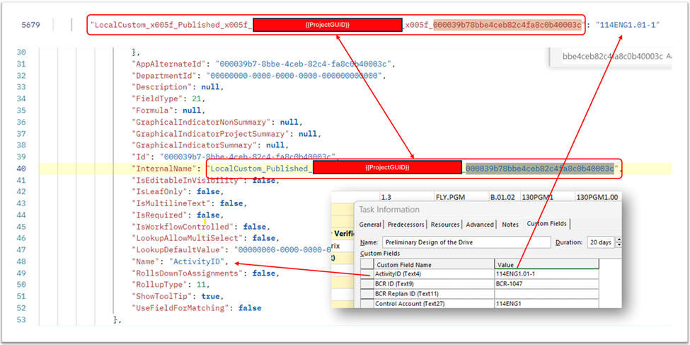 JSON result set with line numbers showing the custom field entry near the bottom and its corresponding name definition near the top of the response