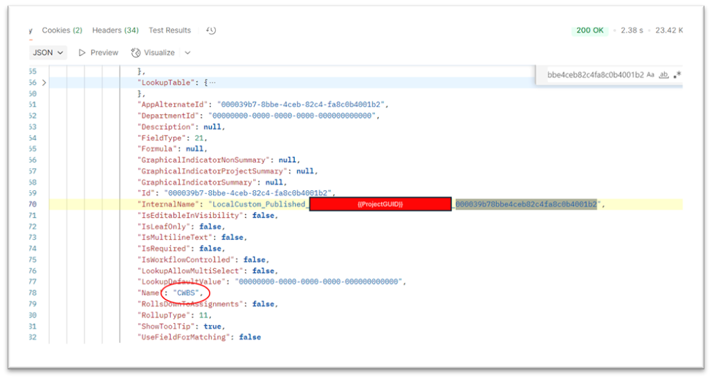 JSON result set with the CWBS custom field located by searching for its hex code derived from the pjField enumeration value