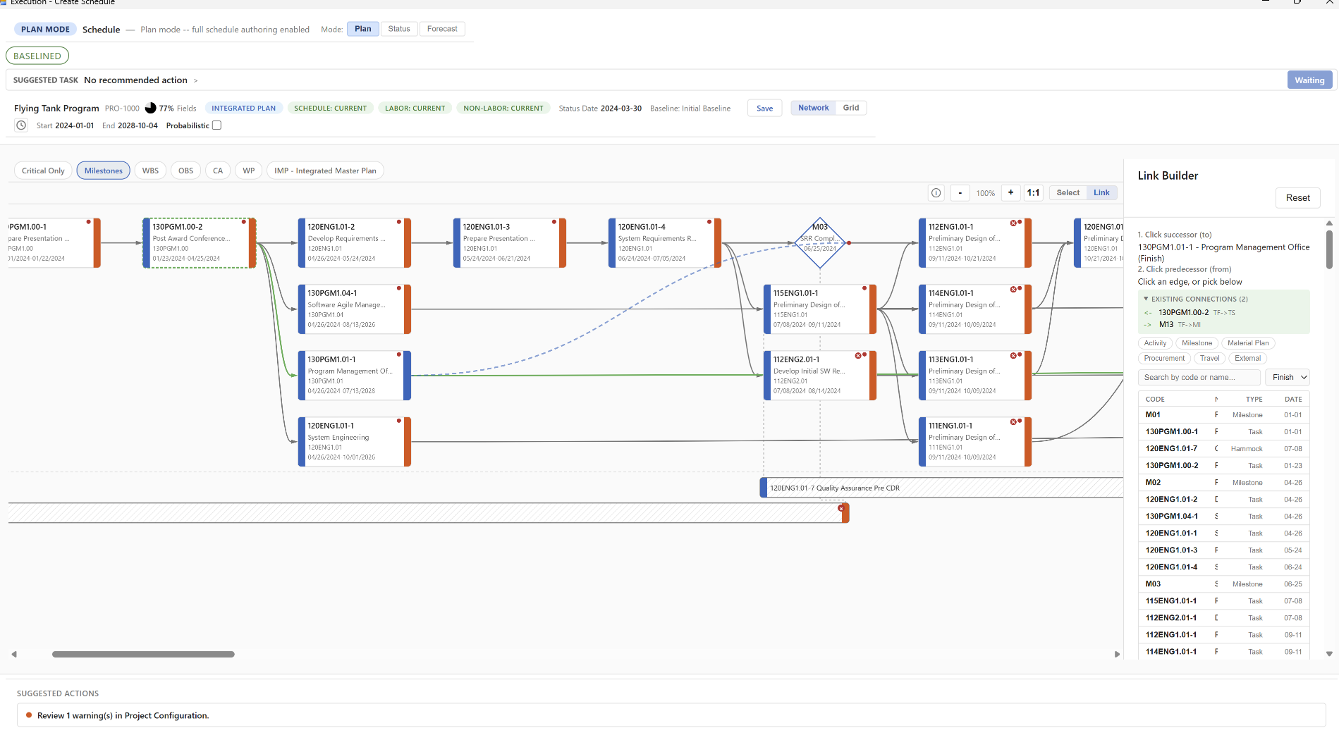 Shows the Link Builder panel open on the right with the selected milestone M03 (SRR Complete), its two existing connections listed, and the full activity list available for adding new links