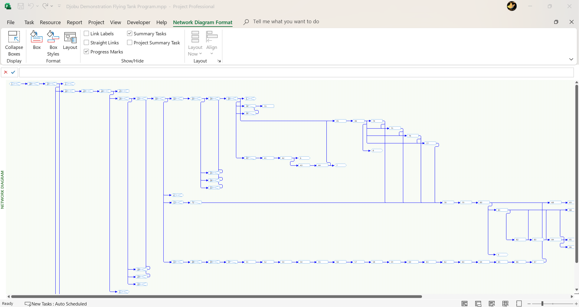 Network Diagram view from MS Project showing the full schedule with critical path highlighted in red