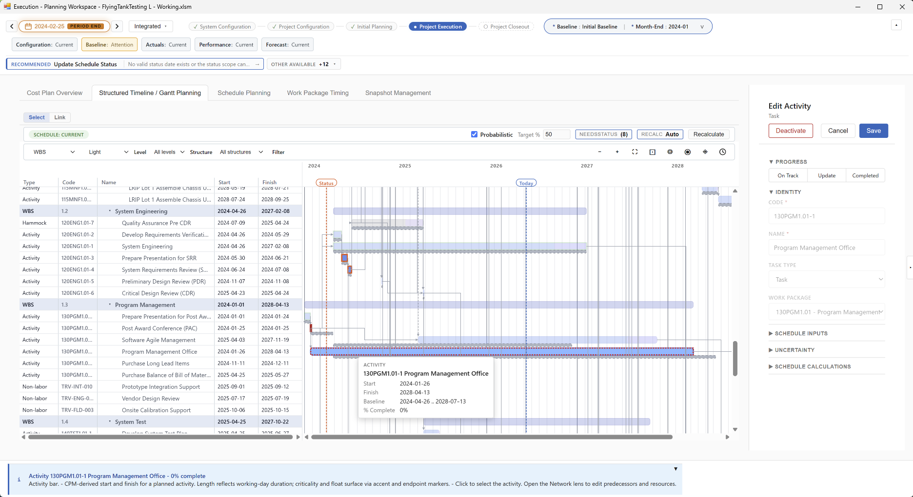 Status journey screen showing activities needing status updates