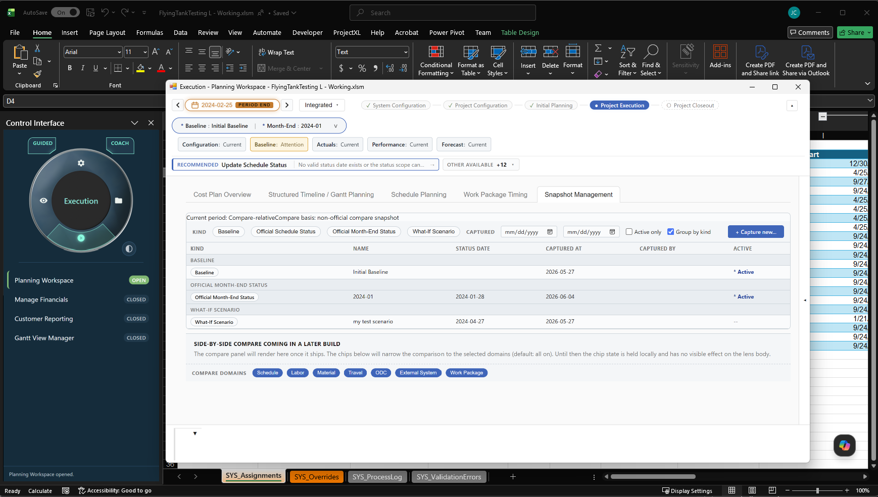 Snapshot management screen showing save and compare options